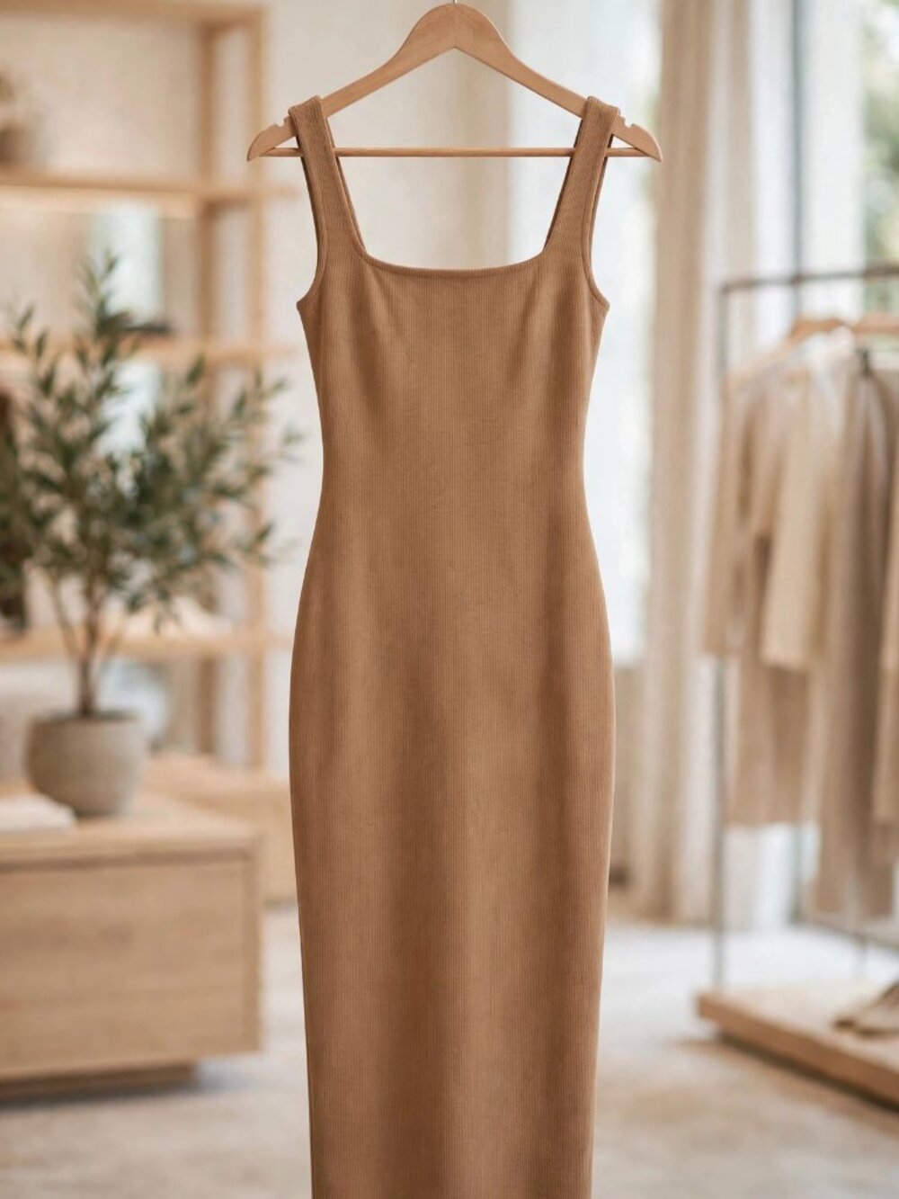 Heart & Hips Ribbed Bodycon Midi Dress Cafe Latte Sleeveless NWT — Size S